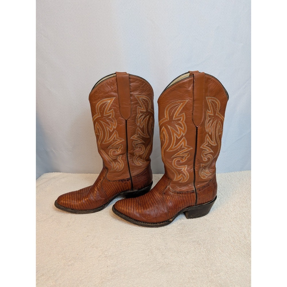 Vintage Lizard Skin Cowboy Boots Mens 8D Western Brown Pointed Toe